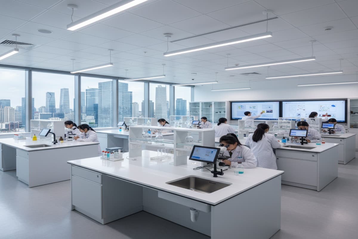 Science laboratory classroom with students engaged in hands-on learning experiment