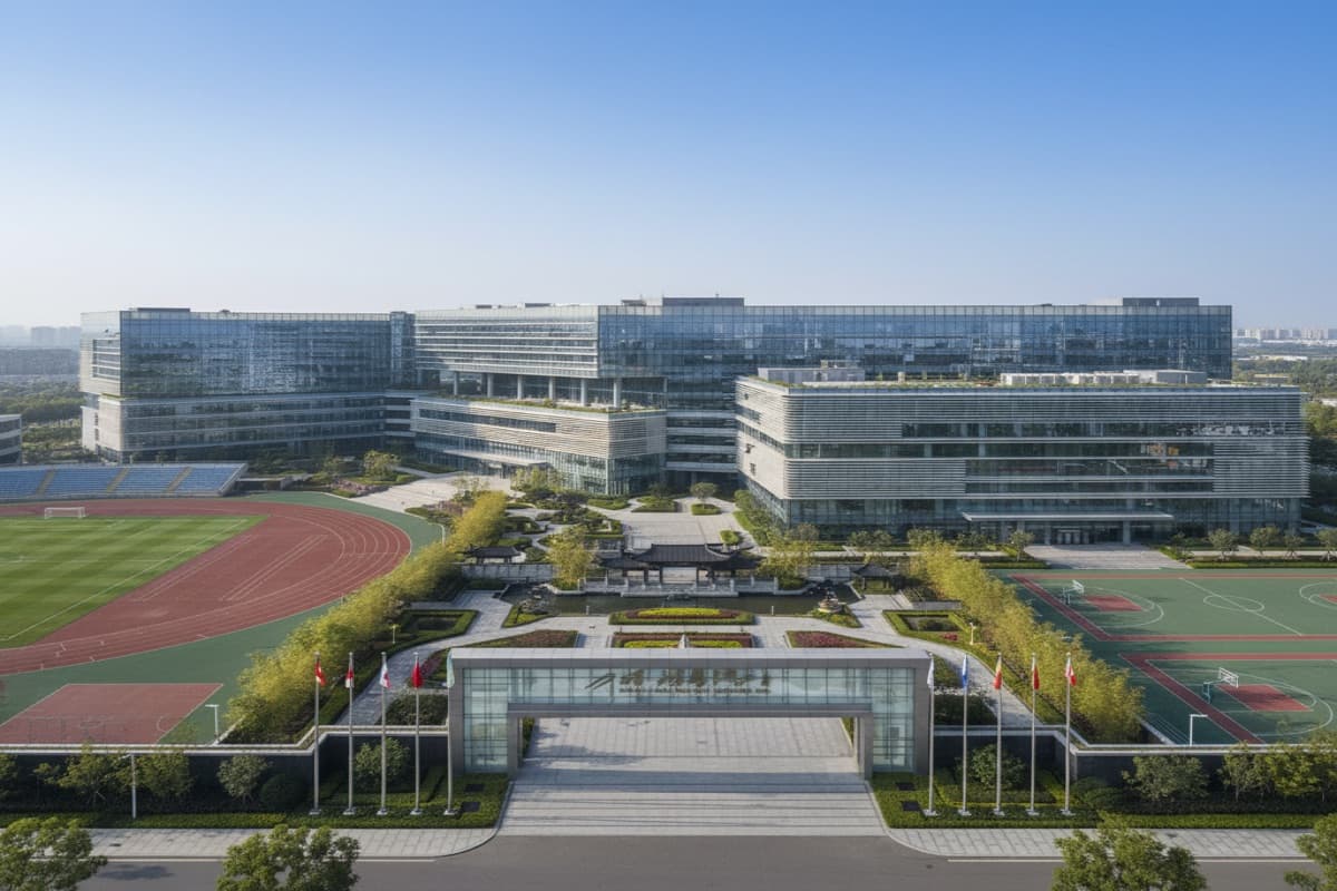 Modern international school campus with green spaces and contemporary architecture