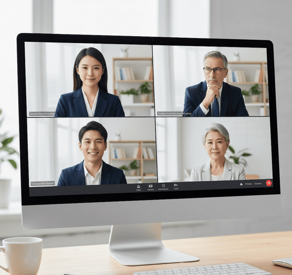 Teacher preparing for video interview with laptop and notes on desk